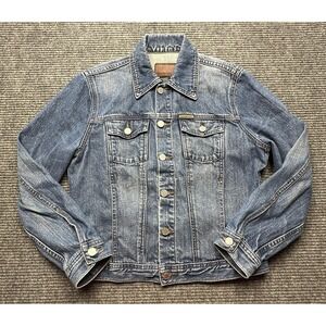 Calvin Klein Jeans Jacket Womens Medium Blue Denim Rigid Boxy Button Front Short